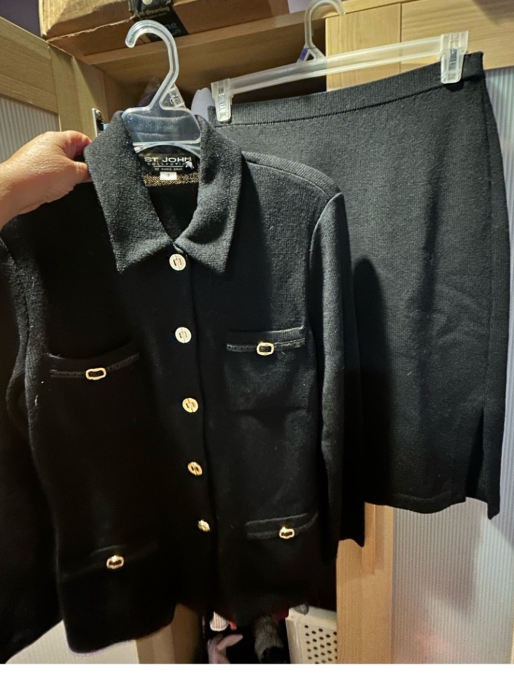 St. John Black Knit Skirt Set Suit Jacket with Gold Accent Buttons